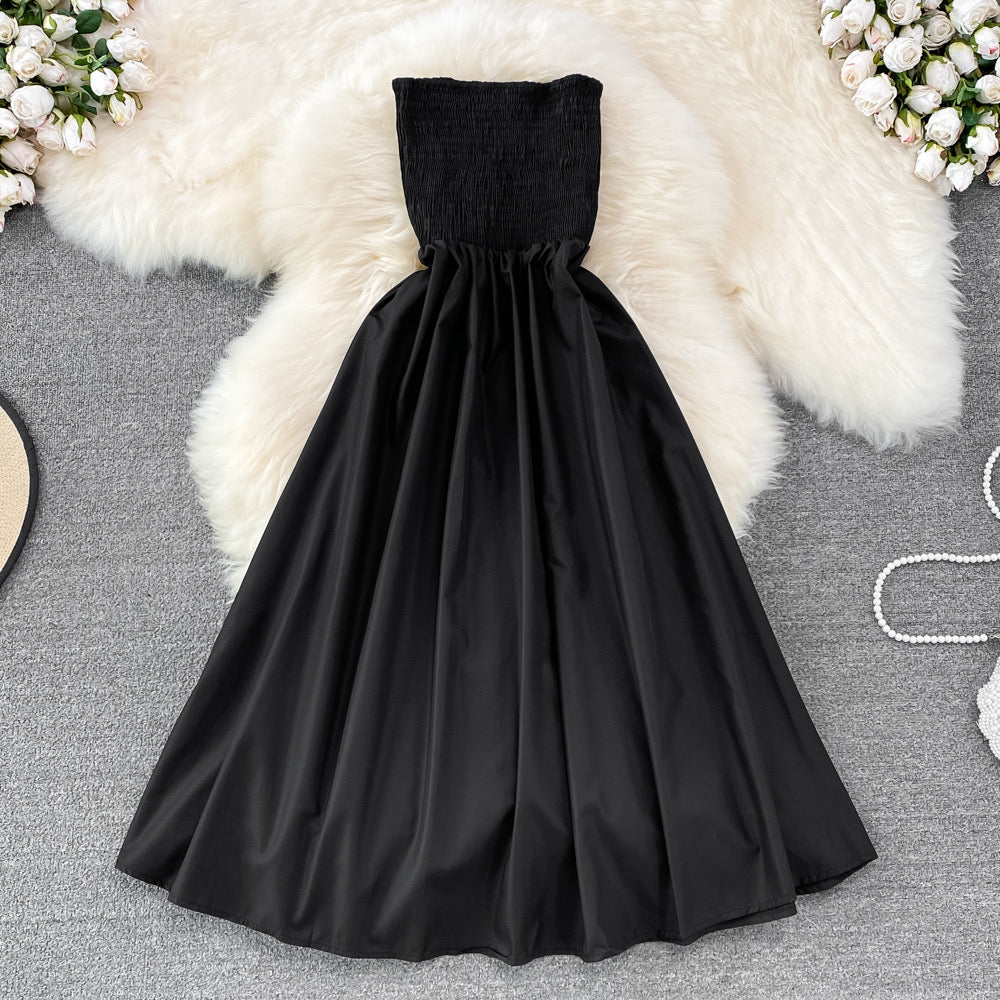 Strapless smocked bodice solid colour midi dress