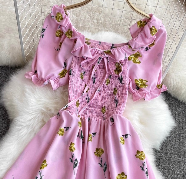 Off shoulder shirred bodice floral maxi dress