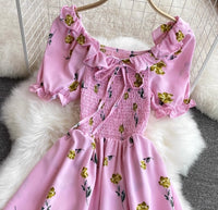 Off shoulder shirred bodice floral maxi dress