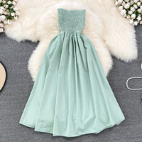 Strapless smocked bodice solid colour midi dress