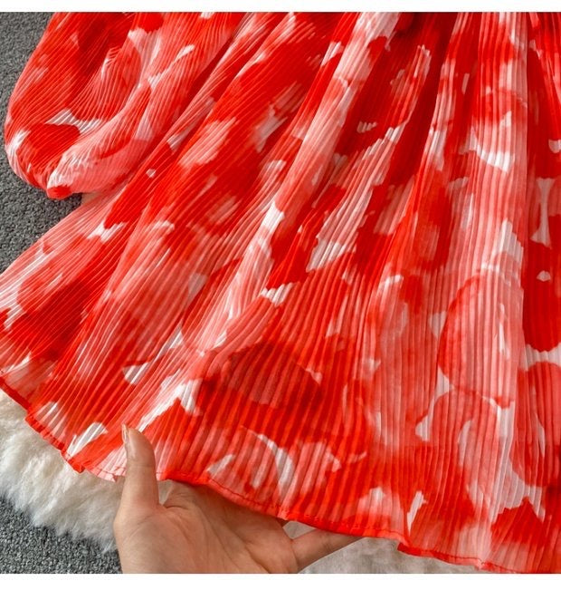 Peasant sleeve button through tie neck pleated dress