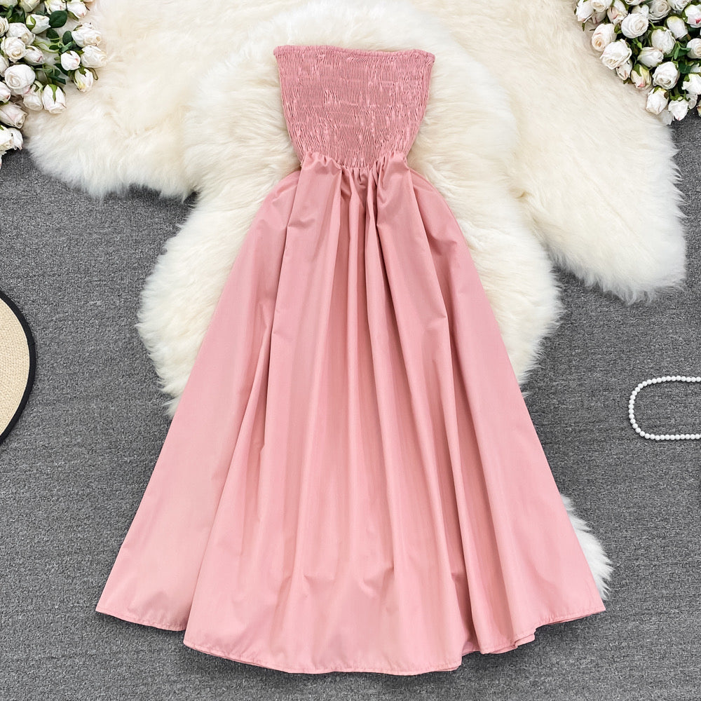 Strapless smocked bodice solid colour midi dress