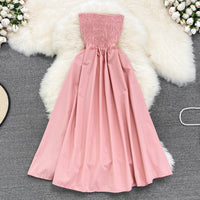 Strapless smocked bodice solid colour midi dress
