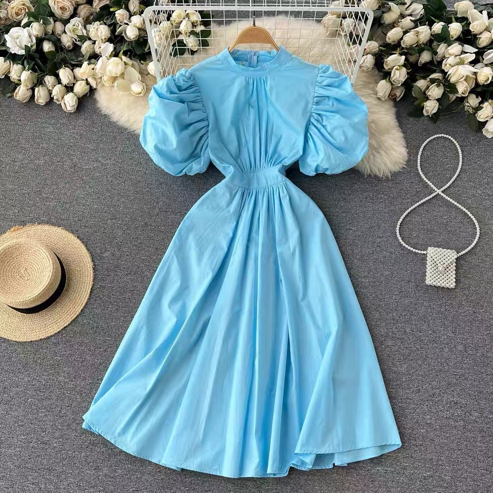 Puff sleeve mock neck solid colour midi dress