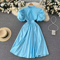 Puff sleeve mock neck solid colour midi dress