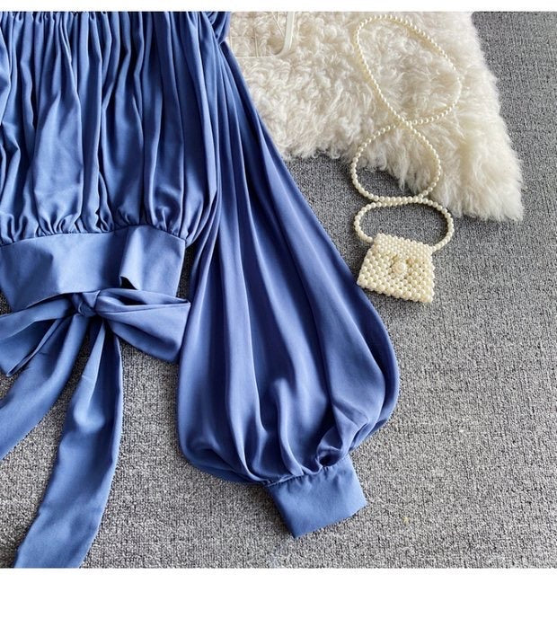 Bishop sleeve ruched neck tie waist top