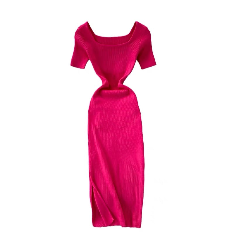 Short sleeve square neck knit slit dress