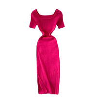 Short sleeve square neck knit slit dress