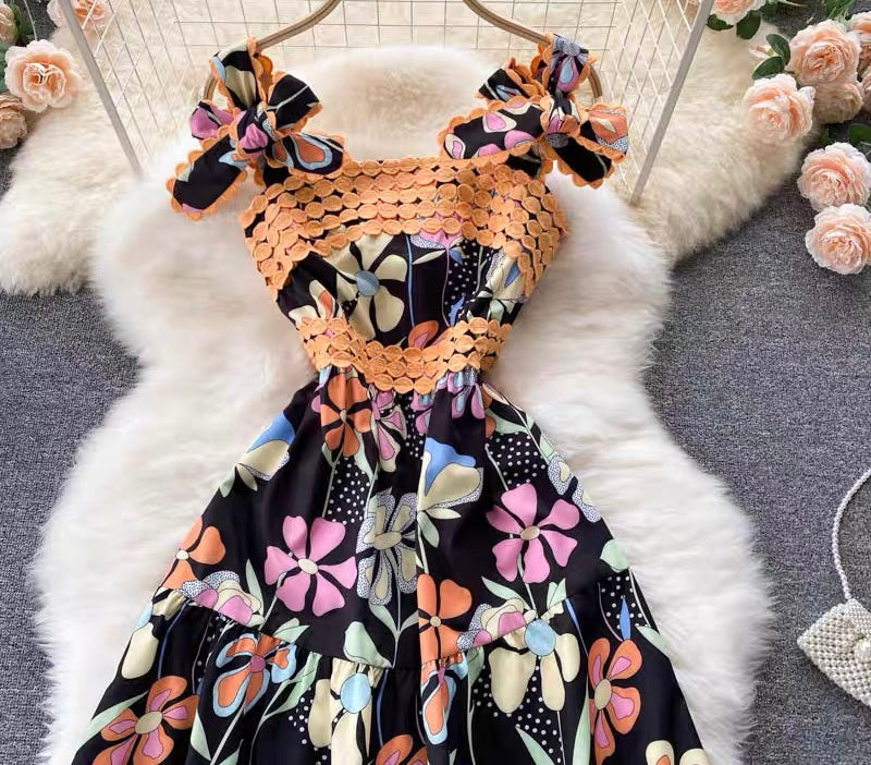 Bowknot strappy embellished lace Adrianna floral dress