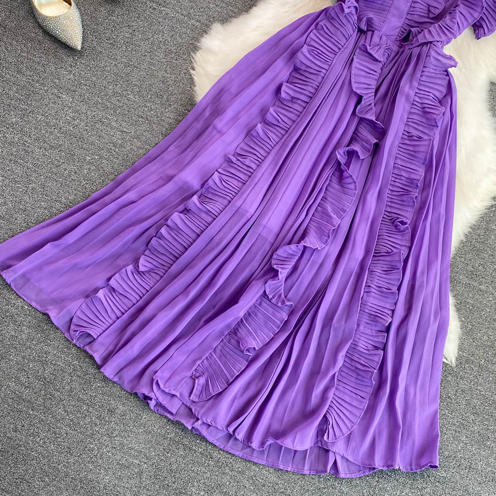 Pleated ruffle midi chiffon dress