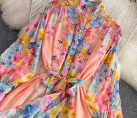 Belted button through floral chiffon maxi dress