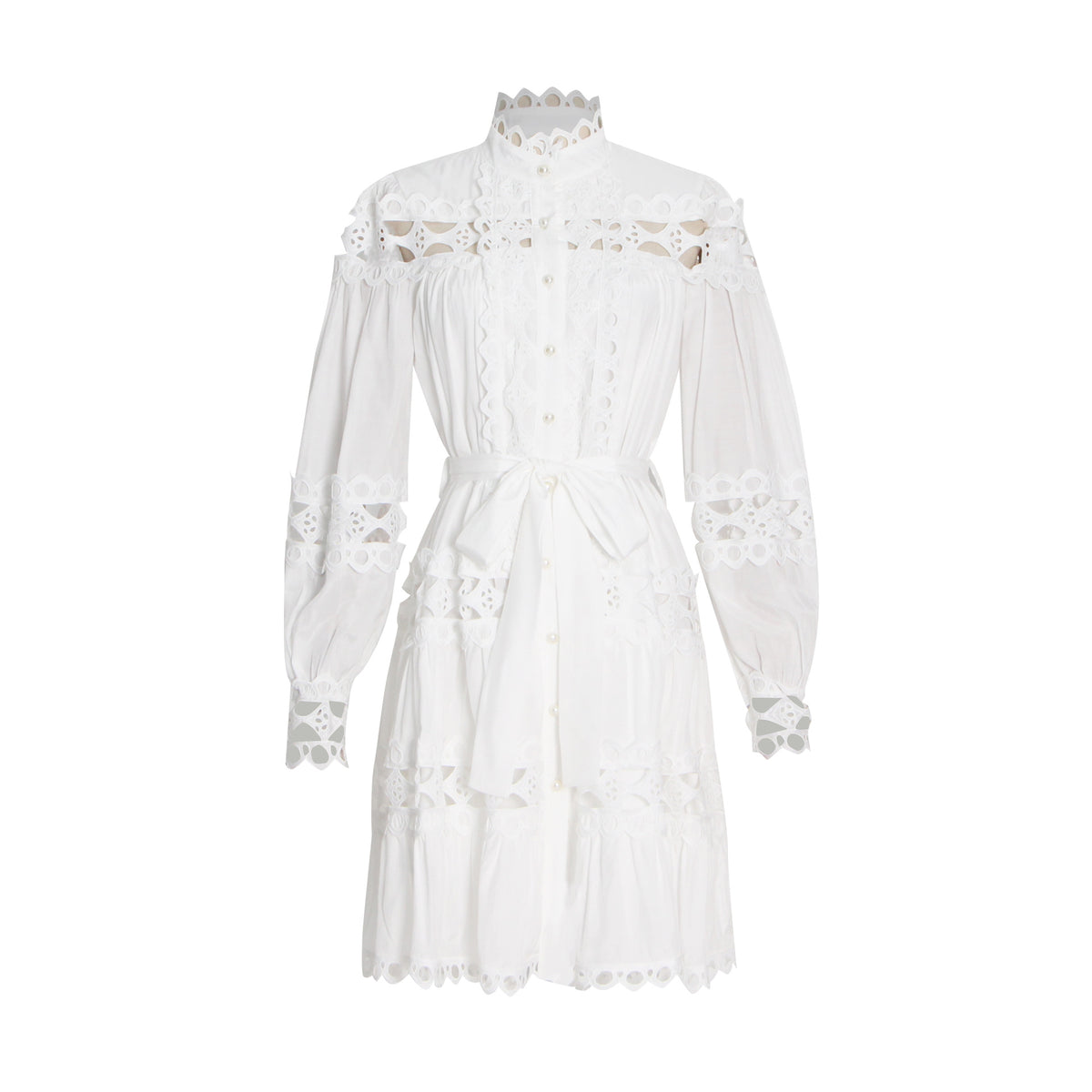 Belted button through embellished lace A line dress