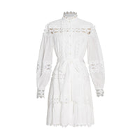Belted button through embellished lace A line dress