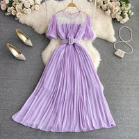 Belted round neck pleated midi dress