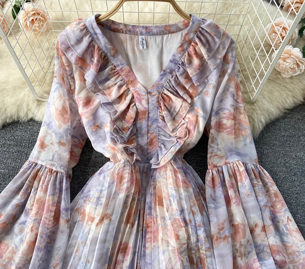 Balloon sleeve ruffle V neck pleated dress