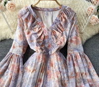 Balloon sleeve ruffle V neck pleated dress