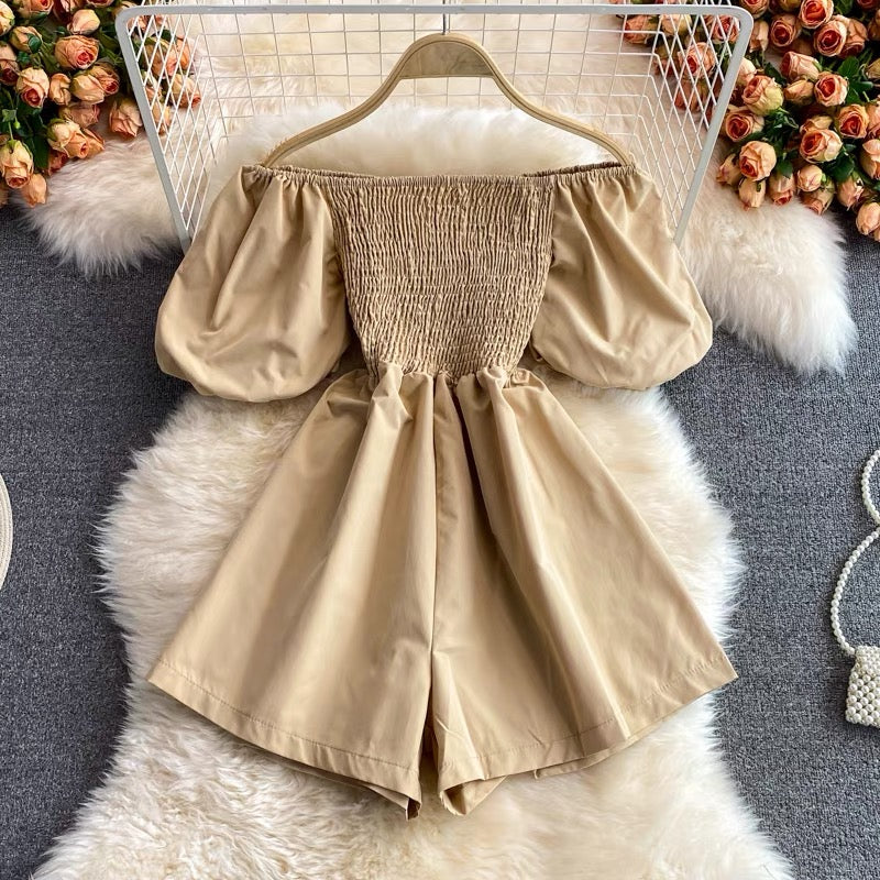 Off shoulder smocked bodice romper