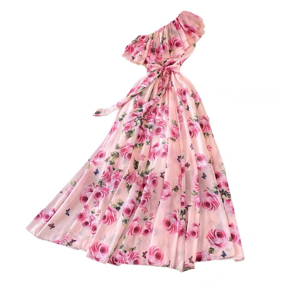 One shoulder ruffle floral maxi dress