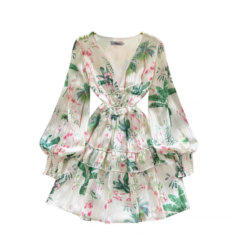 Cuff sleeve V neck floret ruffle mini dress
