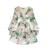 Cuff sleeve V neck floret ruffle mini dress