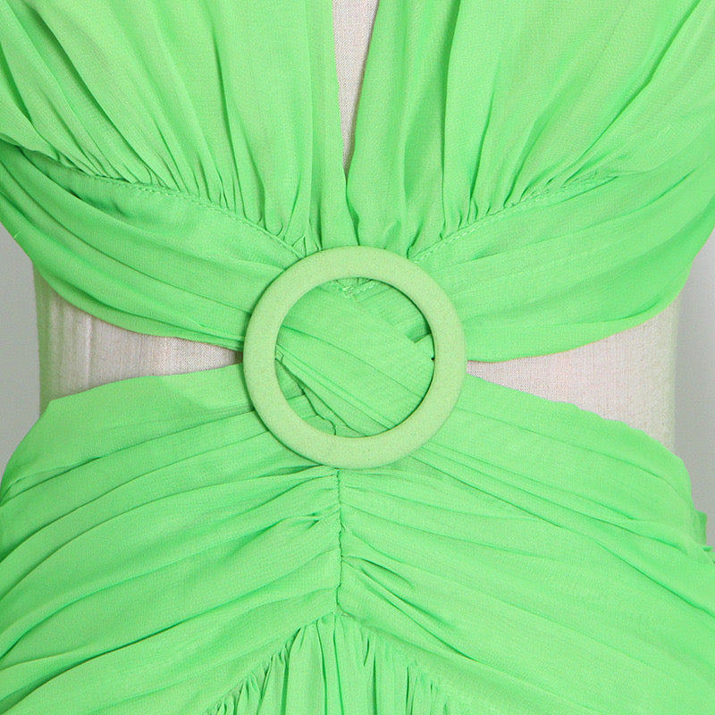 Side ruffle lace up back green maxi dress
