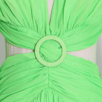 Side ruffle lace up back green maxi dress