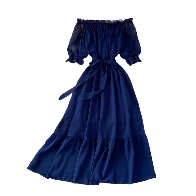 Flowy off shoulder belted maxi dress