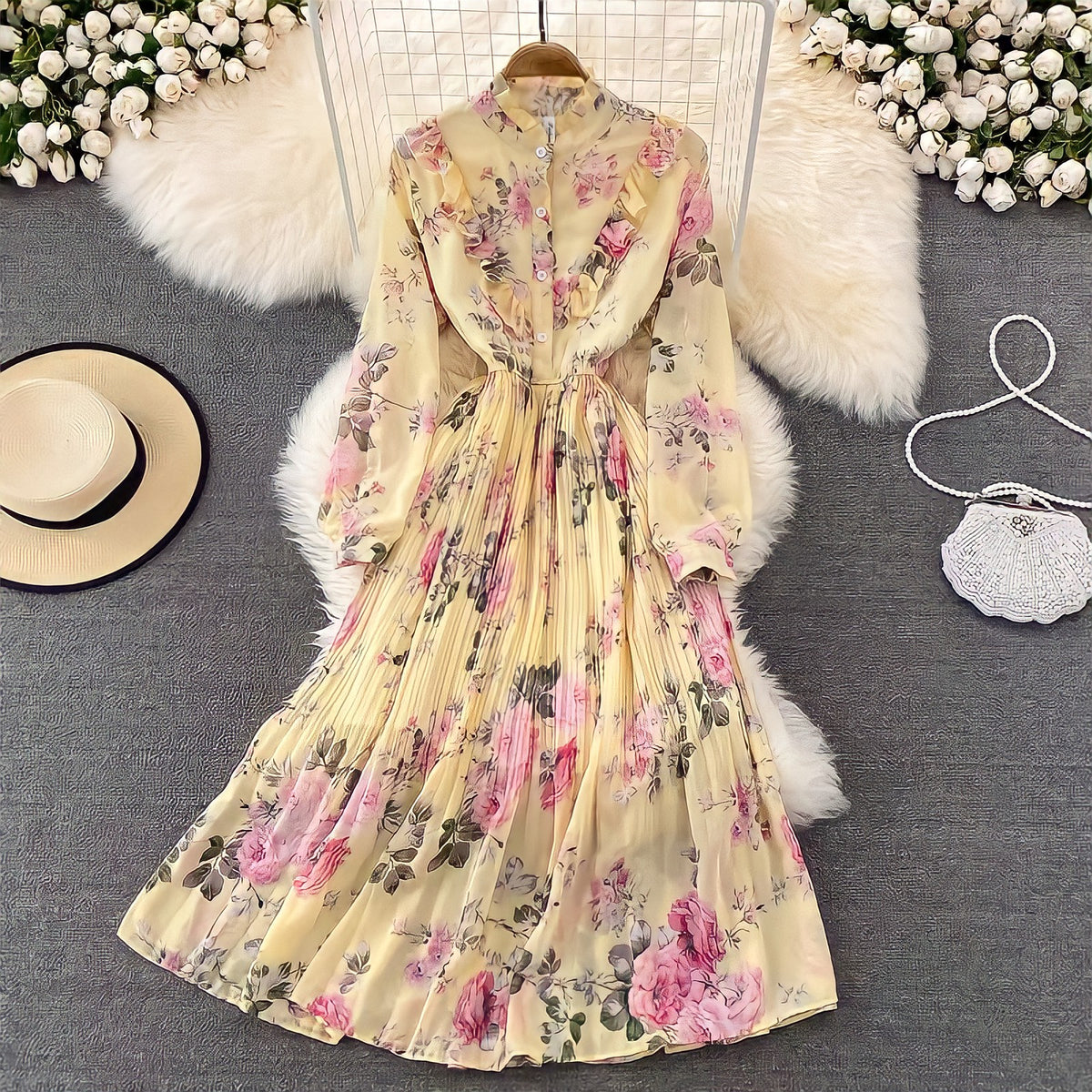 Front ruffle button up floral pleated maxi dress