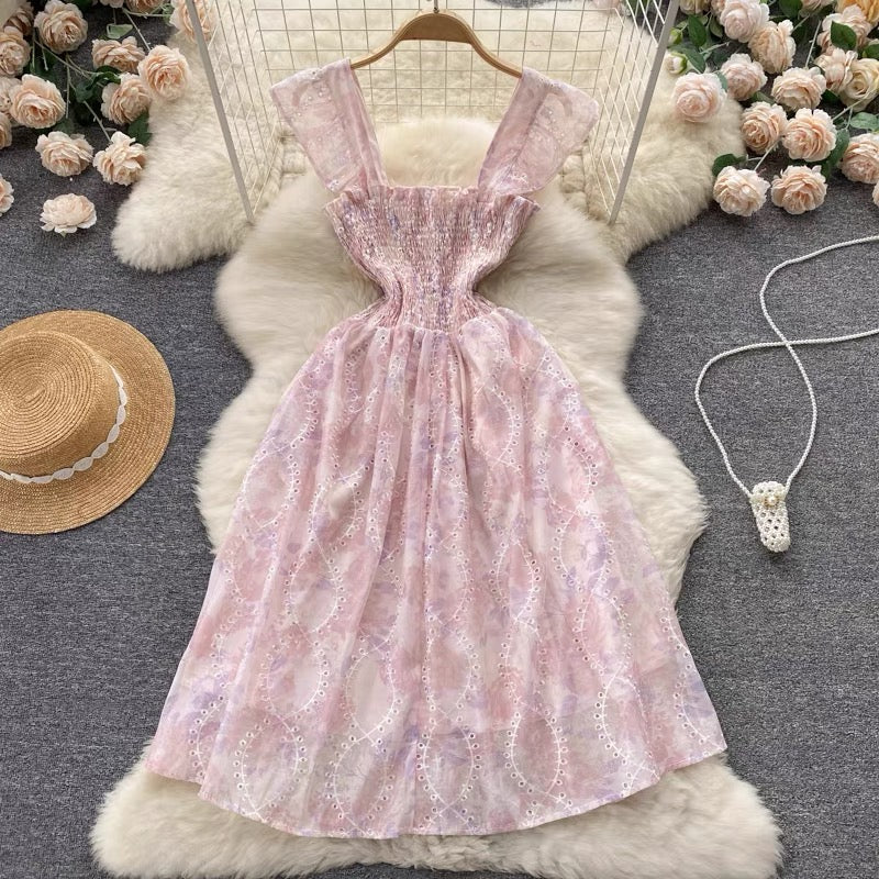 Butterfly sleeve smocked bodice embellished eyelet embroidery midi dress