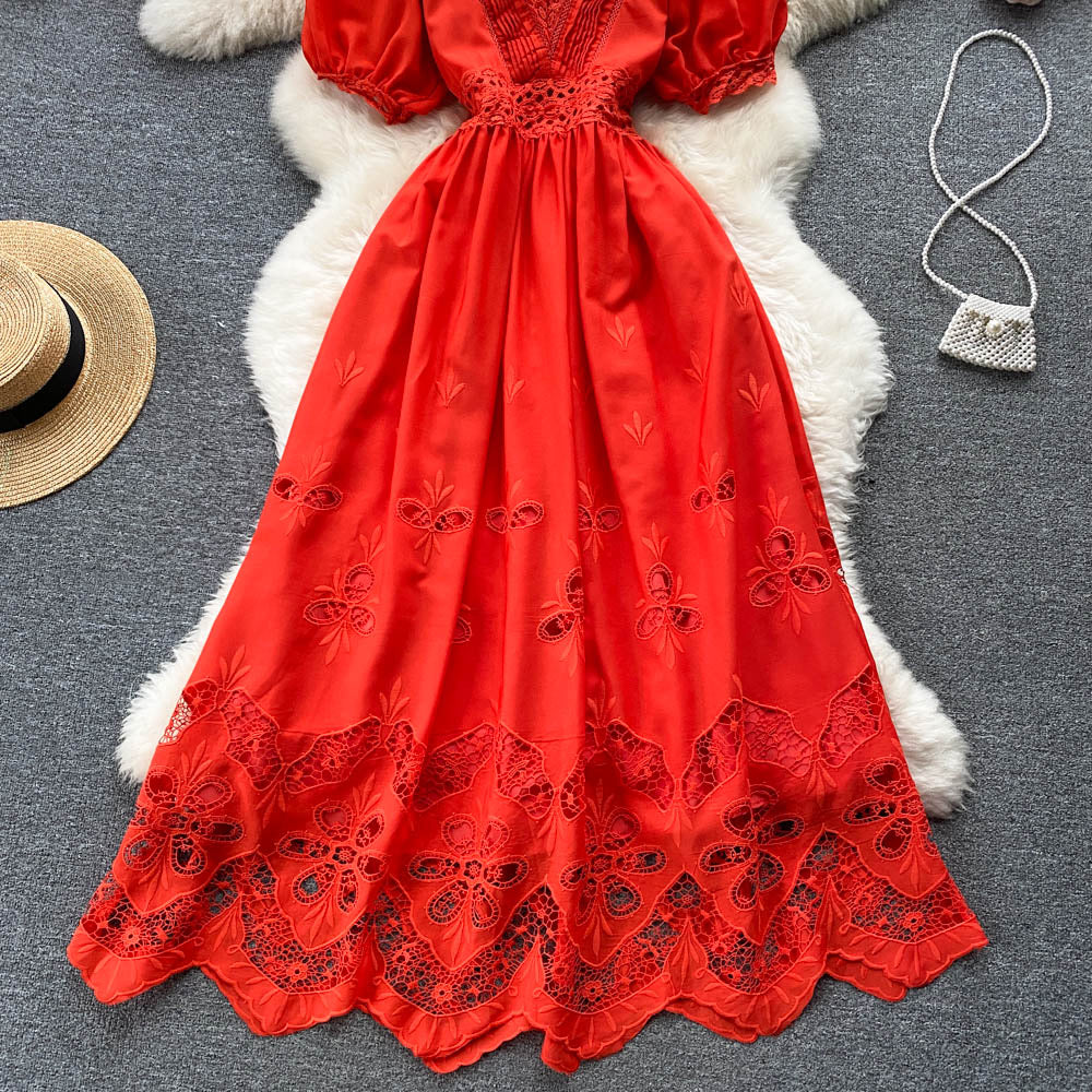 Puff sleeve eyelet embroidery lace V neck maxi dress