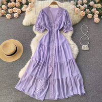 Short sleeve V neck tiered maxi chiffon dress