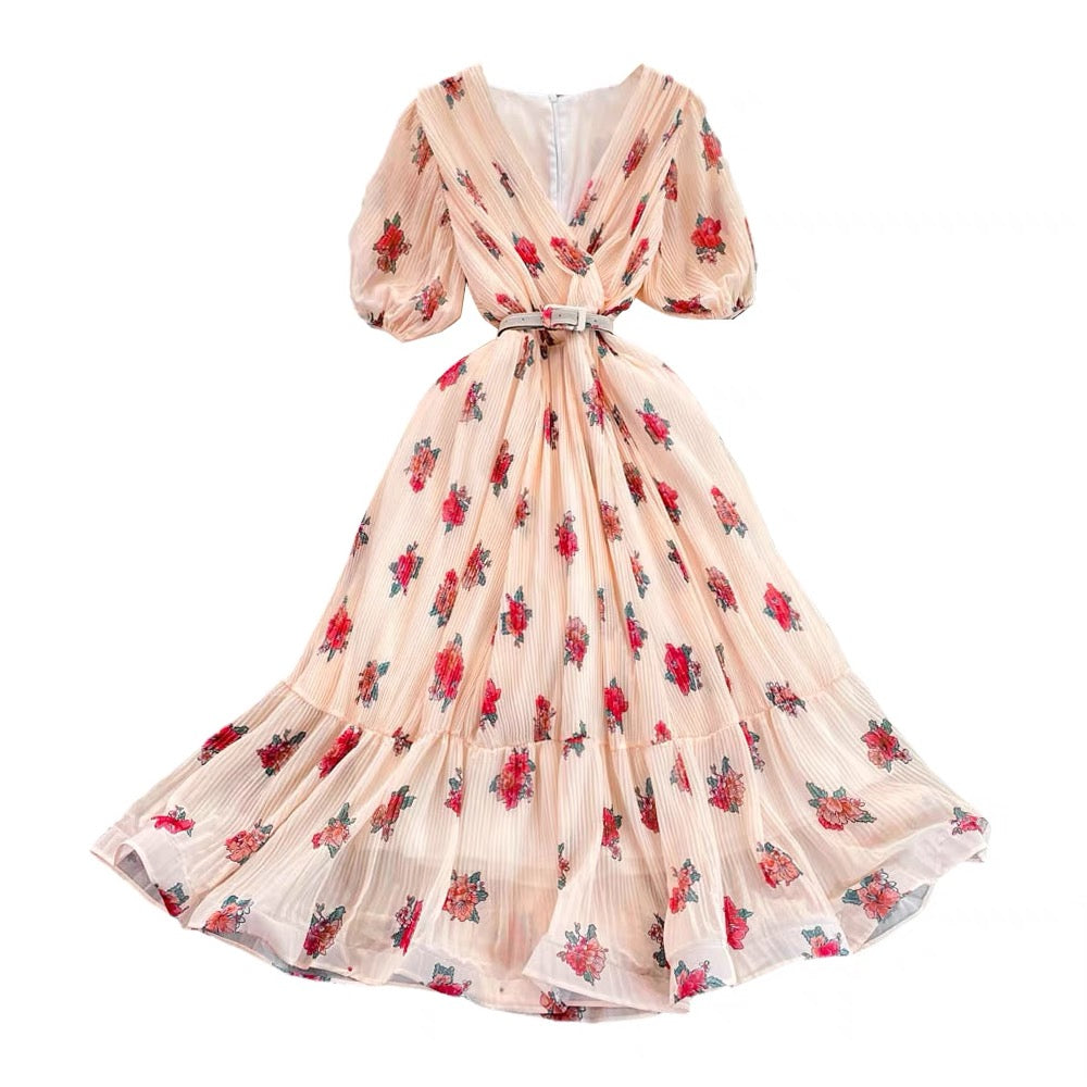 Belted floret field ruffle plisse dress