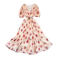 Belted floret field ruffle plisse dress