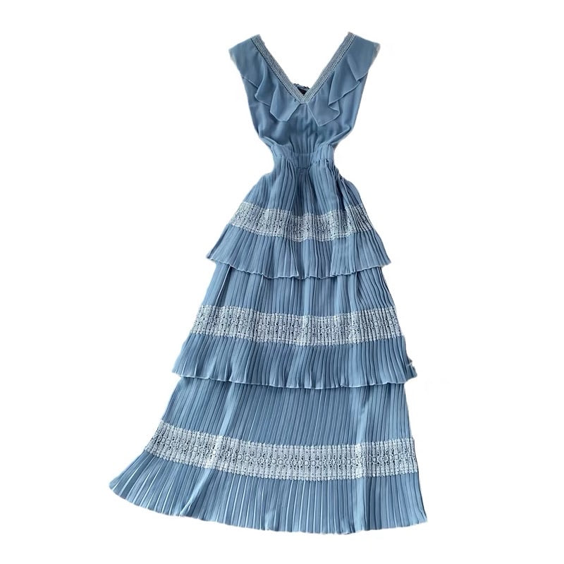 V Neck accordion pleated layers dress