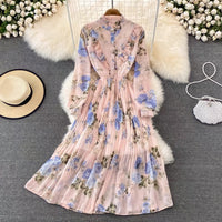 Front ruffle button up floral pleated maxi dress