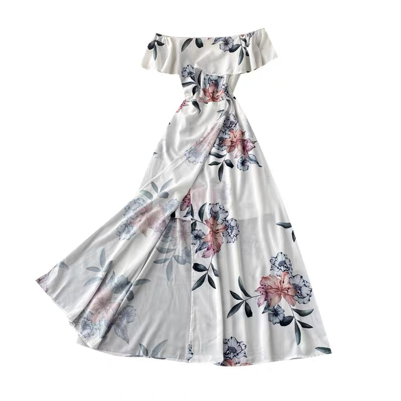 Flappy off shoulder floral split midi dress