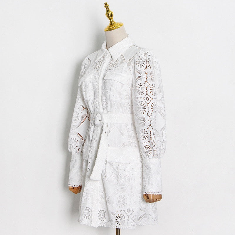 Belted Eyelet embroidery shirt dress