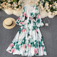 Bishop sleeve neck tie endless roses maxi dress