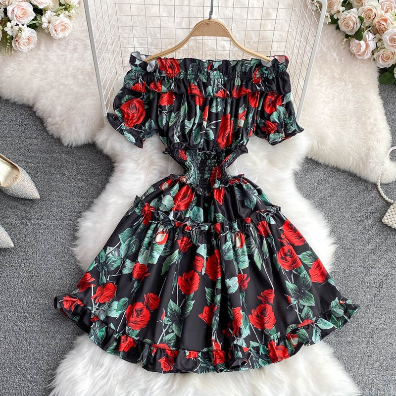 Off shoulder ruffle endless roses A line dress