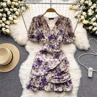 V neck surplice asymmetrical ruffle floral mini hem dress