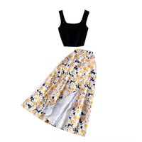 U neckline knit crop top and side split chrysanthemum midi skirt