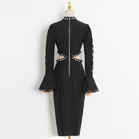 Flounce sleeve embellished eyelet embroidered waist cut out midi dress