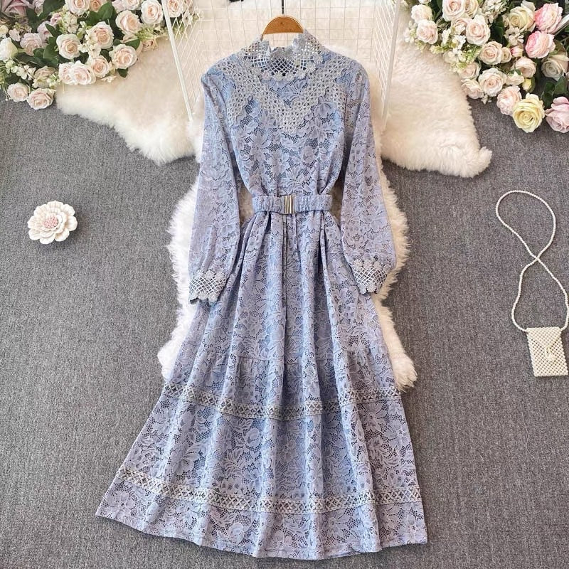 Cuff sleeve lace dress with matching color belt