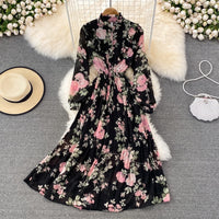 Front ruffle button up floral pleated maxi dress