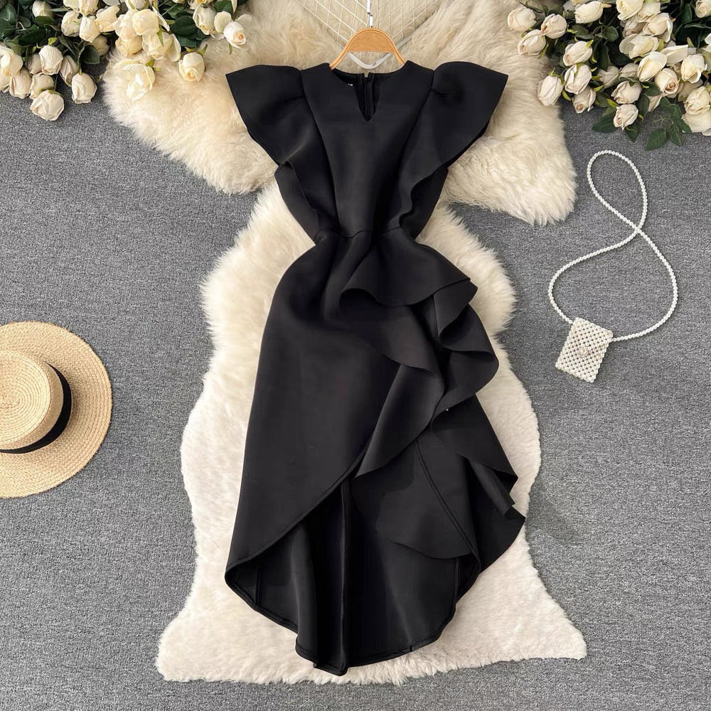 Asymmetrical side ruffle notched neck dress