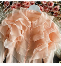 Flounce sleeve ruffle front with pearls button blouse