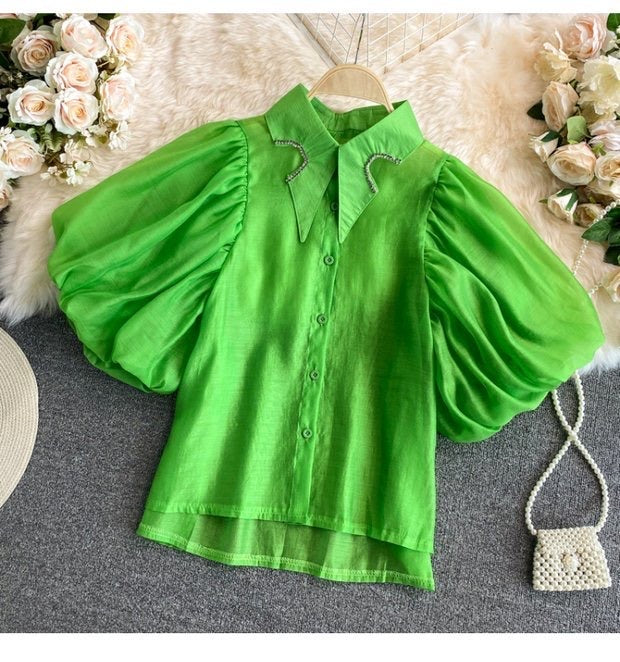 Melon sleeve cutout wing collar top