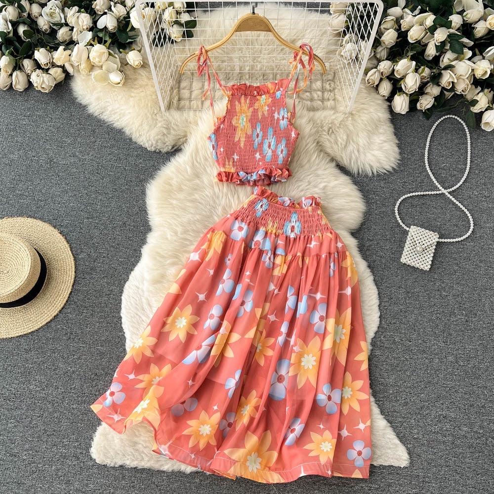 Watercolor smocked tie strappy croptop and midi skirt set