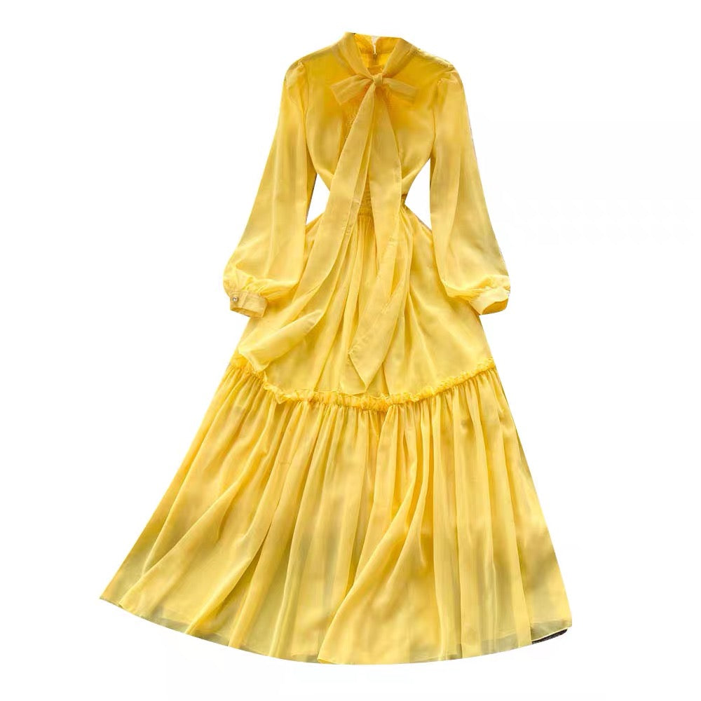 Peasant sleeve tie neck yellow solid maxi dress