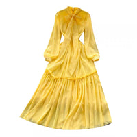 Peasant sleeve tie neck yellow solid maxi dress